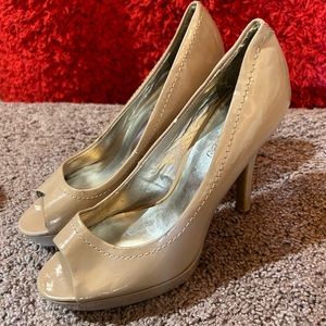 Nude open toe heels